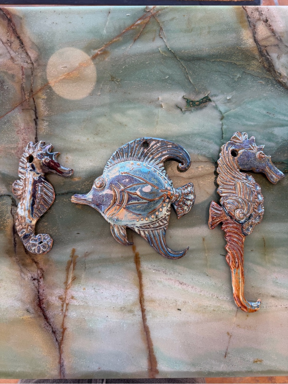 Set of 3 Handcrafted Ceramic Sea Life Wall Art Hangings Seahorse & Fish